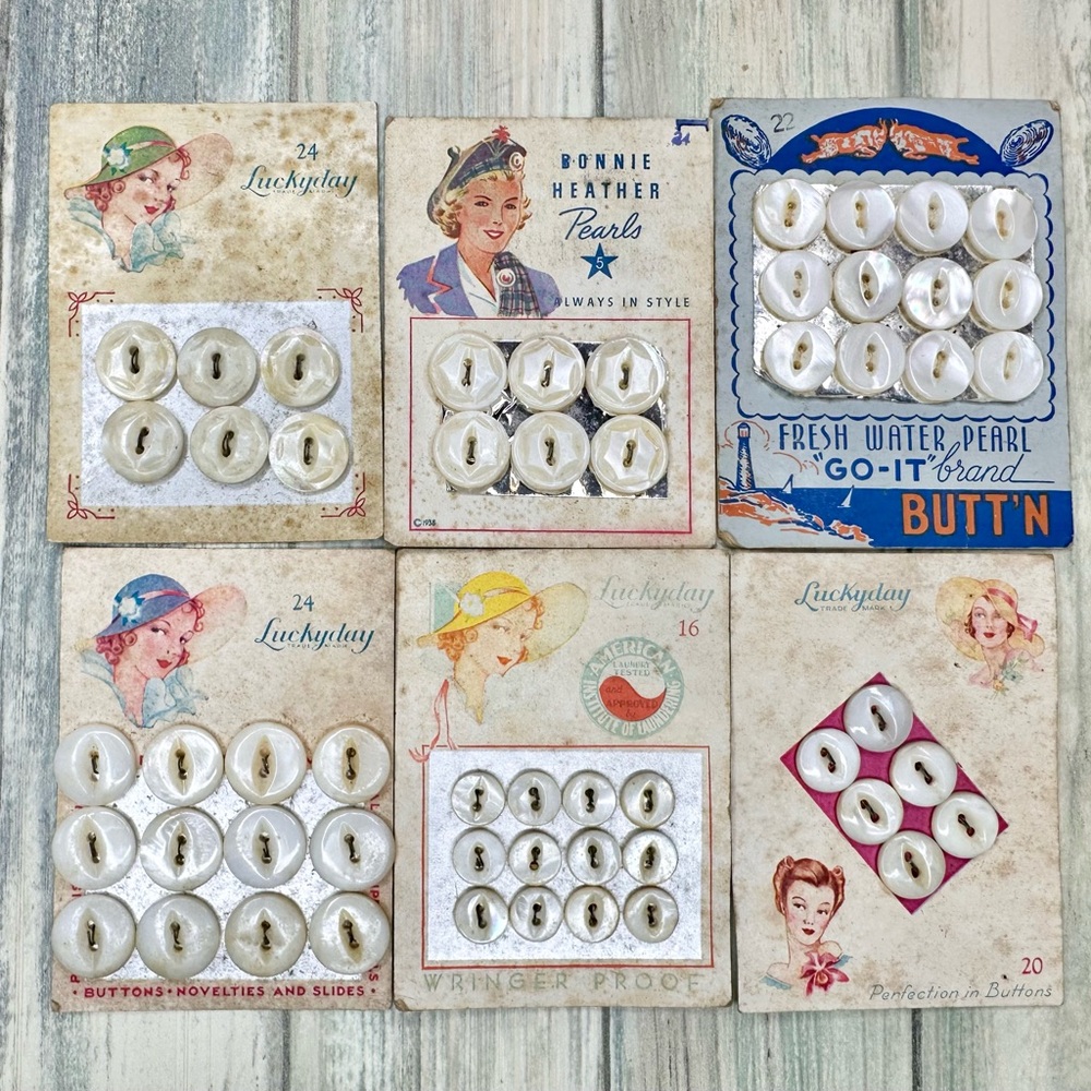 Lot of 54 Vintage 30s 40s Buttons Mother of Pearl Shell Sewing 6 Cards Luckyday